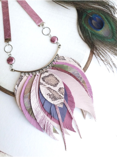 Soft lilac metallic pink leather feather necklace, bib evening jewelry 