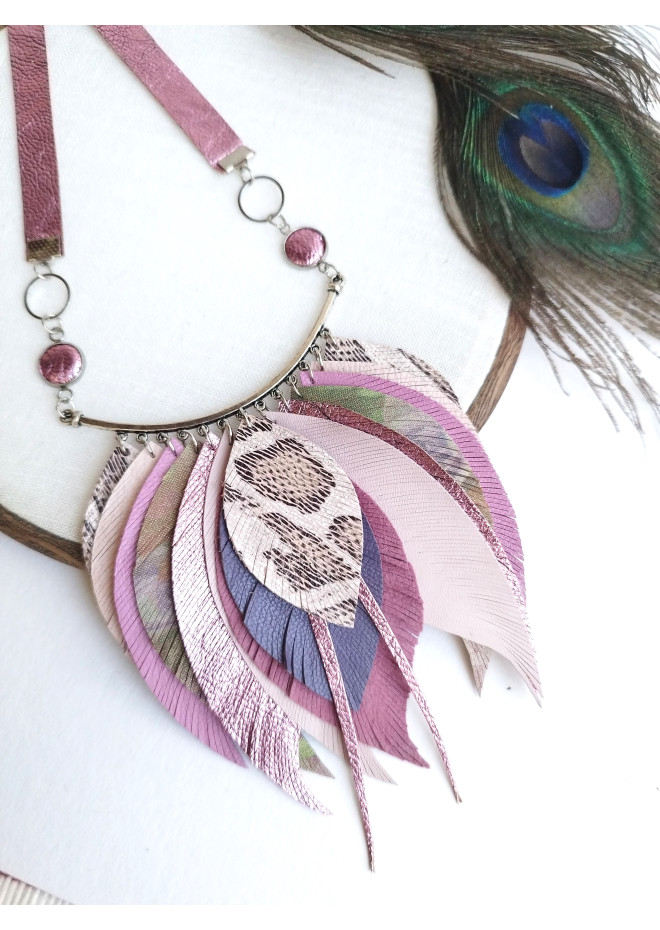 beige sand leather feather necklace