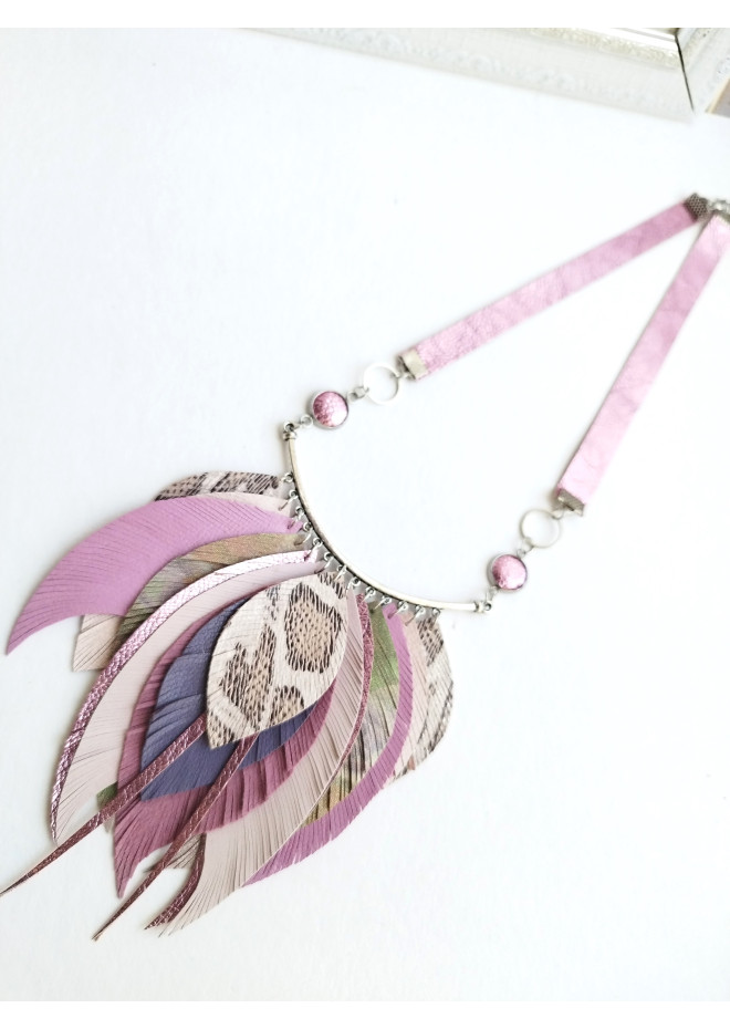 beige sand leather feather necklace