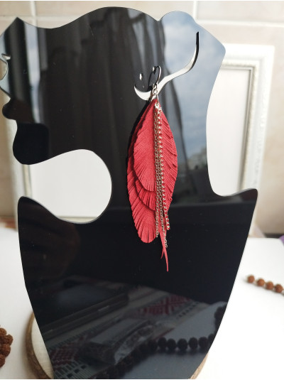 Soft red suede earrings with chain leather feather earrings.