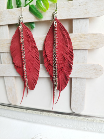 Soft red suede earrings with chain leather feather earrings.