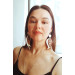 white brown leather feather earrings brass flower connector , genuine leather jewelry 