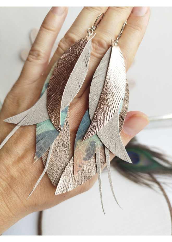 emerald tone long feathers earrings genuine leather jewelry  