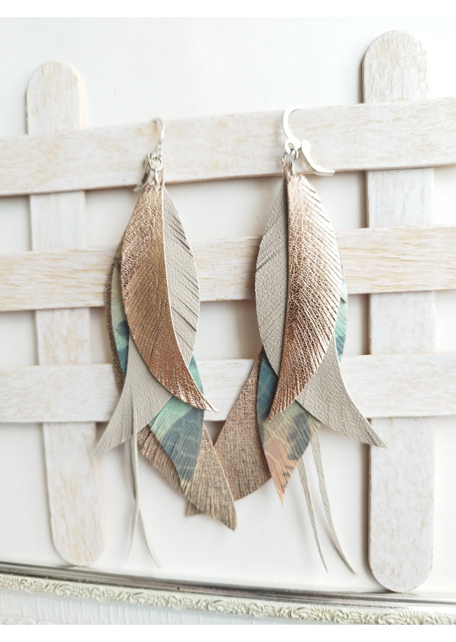 emerald tone long feathers earrings genuine leather jewelry  