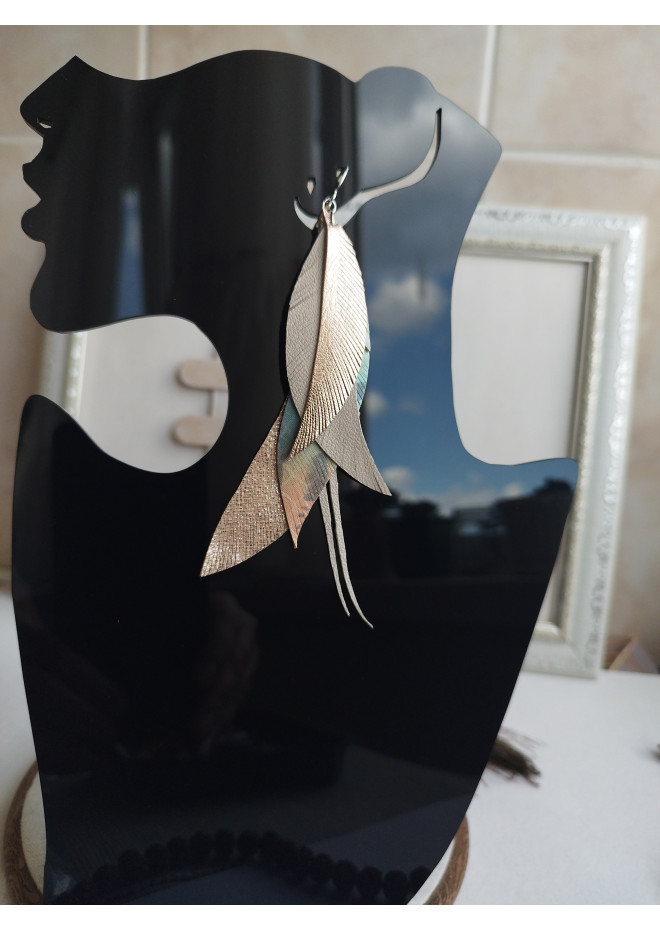 emerald tone long feathers earrings genuine leather jewelry  