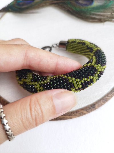 olive green snake print beaded bracelet, chunky handmade bracelet 