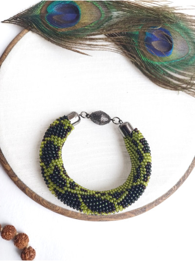 olive green snake print beaded bracelet, chunky handmade bracelet 