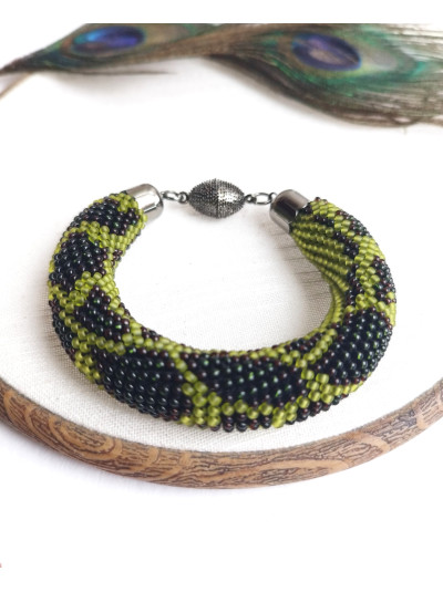 olive green snake print beaded bracelet, chunky handmade bracelet 