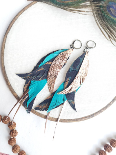 rose gold animal print leather feather earrings.  