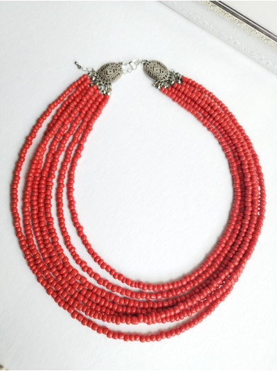 red multi strand  beaded necklace, traditional Ukraine jewelry , ethnic  handmade necklace