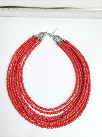 red multi strand  beaded necklace, traditional Ukraine jewelry , ethnic  handmade necklace
