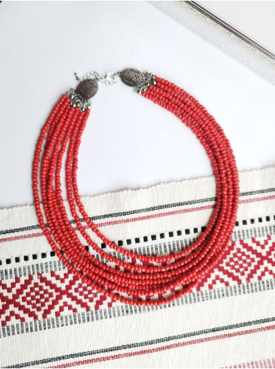 red multi strand  beaded necklace, traditional Ukraine jewelry , ethnic  handmade necklace