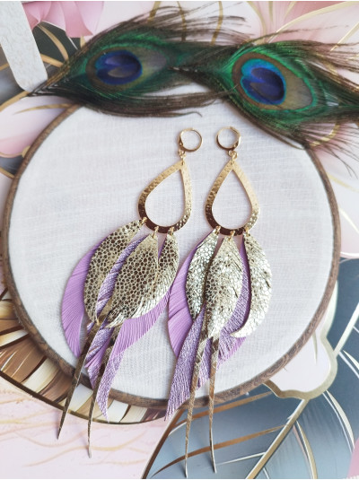 gold lilac extra long leather feather earrings.