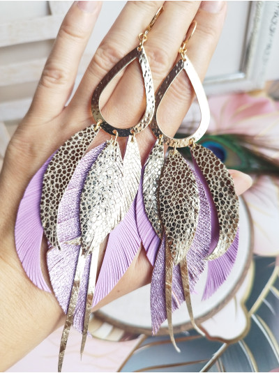 gold lilac extra long leather feather earrings.