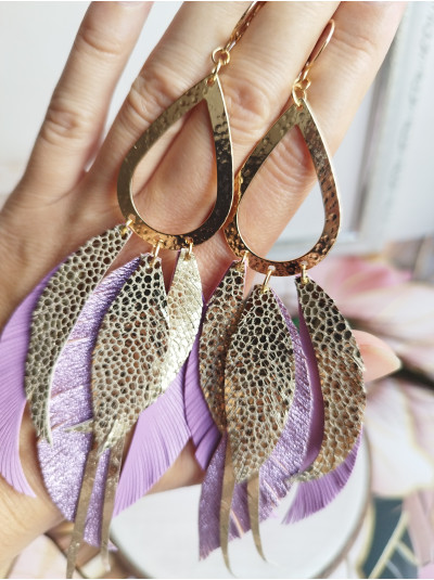 gold lilac extra long leather feather earrings.