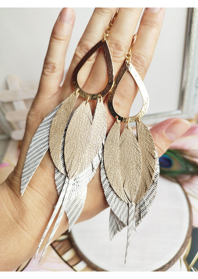 Multi layered earrings made from genuine leather