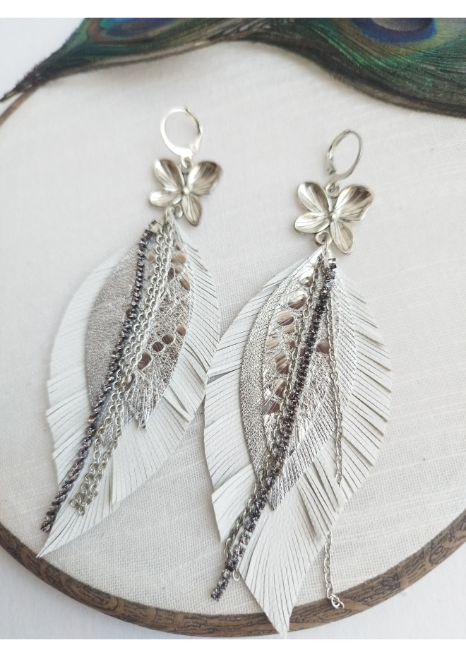 leather feather earrings white  flower connector , genuine leather jewelry 