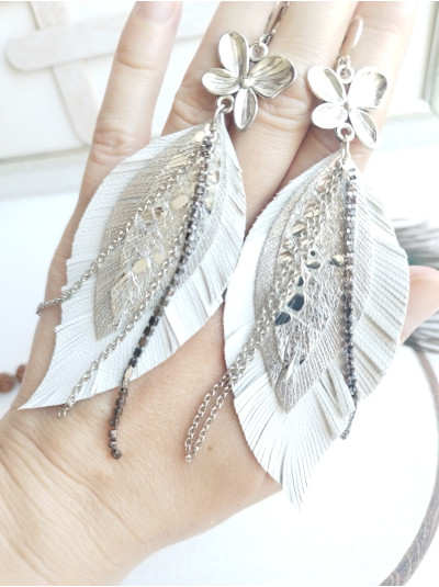 white silver leather feather earrings with chain. 