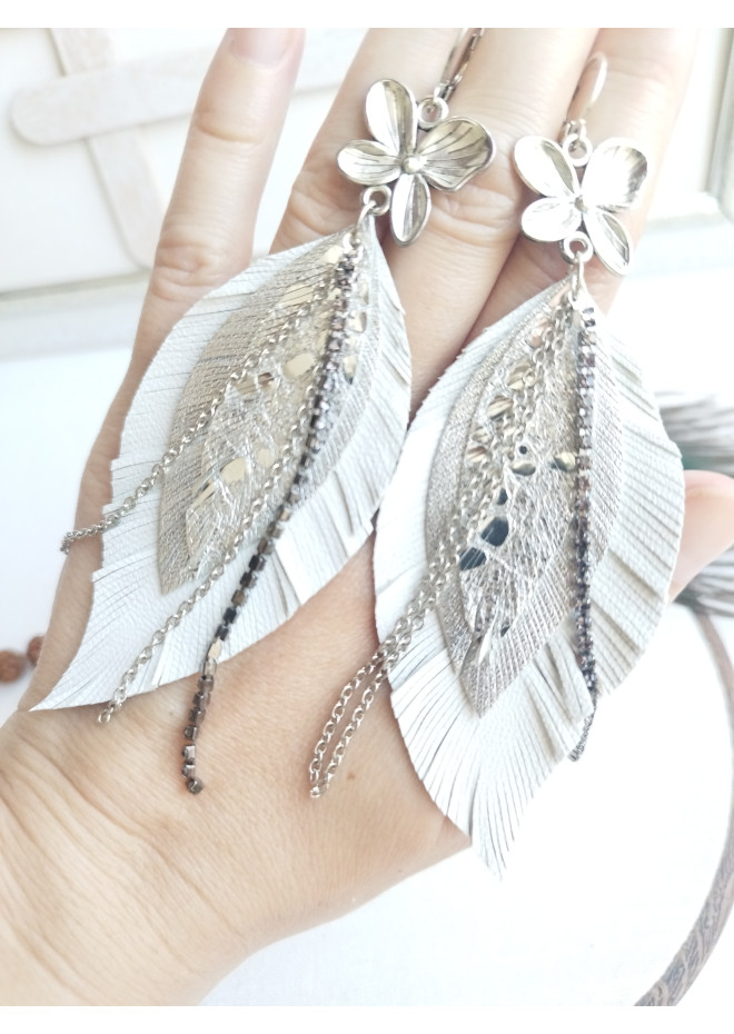 leather feather earrings white  flower connector , genuine leather jewelry 