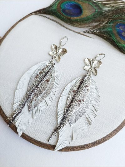 white silver leather feather earrings with chain. 