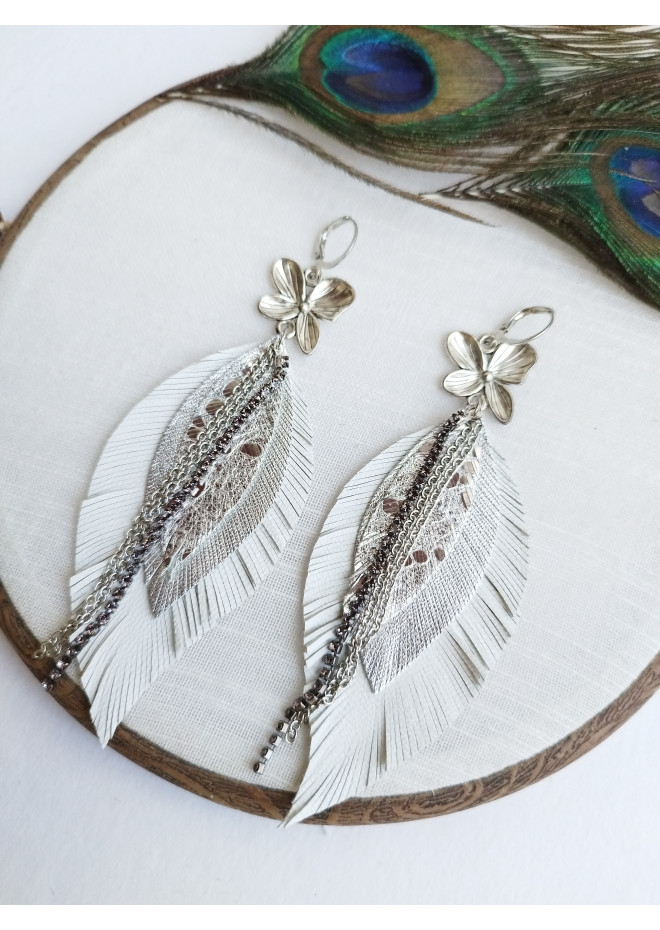 leather feather earrings white  flower connector , genuine leather jewelry 
