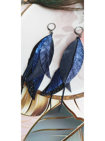 Dark Metallic Blue Leather Feather Earrings: Handcut Long Leaf Jewelry