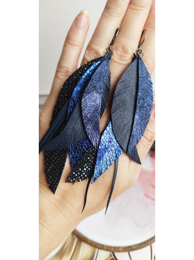 Dark Metallic Blue Leather Feather Earrings: Handcut Long Leaf Jewelry