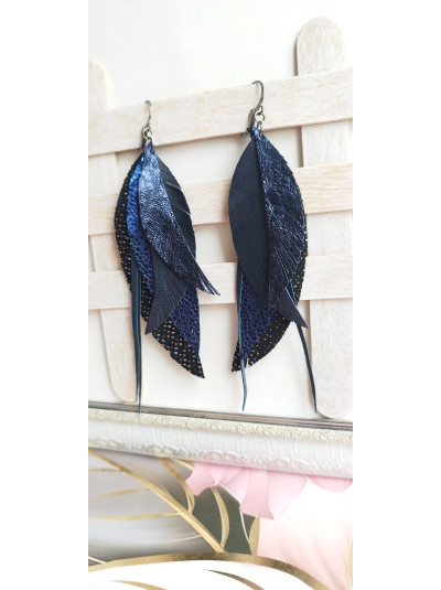 Dark Metallic Blue Leather Feather Earrings: Handcut Long Leaf Jewelry