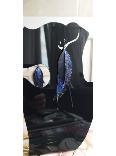 Dark Metallic Blue Leather Feather Earrings: Handcut Long Leaf Jewelry