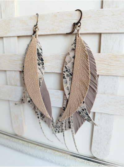 Light Mokko Leather Feather Earrings: Long Bohemian Earrings