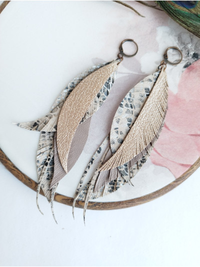 Light Mokko Leather Feather Earrings: Long Bohemian Earrings