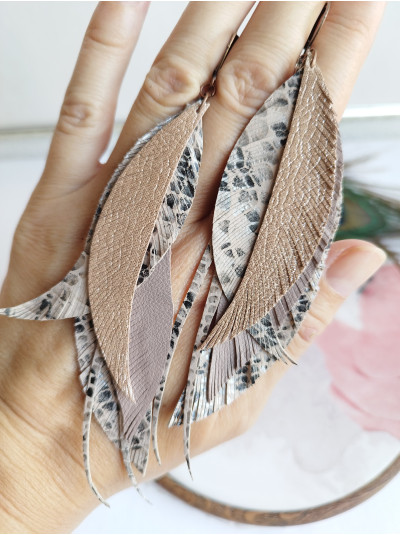 Light Mokko Leather Feather Earrings: Long Bohemian Earrings