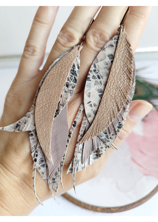 long leather feather earrings genuine leather jewelry 