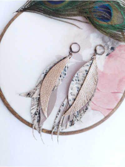 Light Mokko Leather Feather Earrings: Long Bohemian Earrings