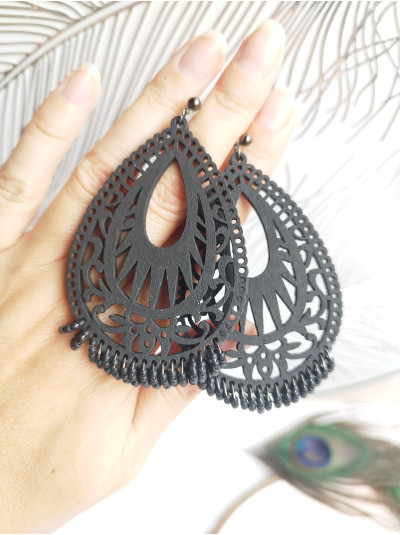 black wood beaded earrings