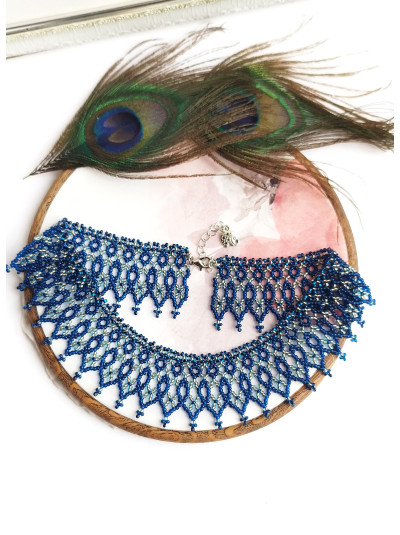blue openwork beaded necklace, traditional Ukraine jewelry , ethnic  handmade sylanka