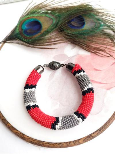 snake print red gray beaded bracelet, chunky handmade bracelet 