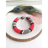 snake print red gray beaded bracelet, chunky handmade bracelet 