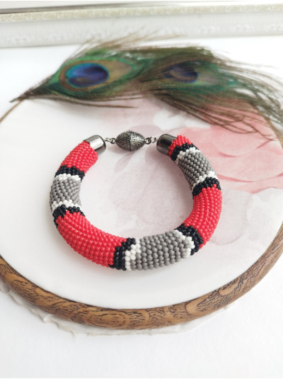 snake print red gray beaded bracelet, chunky handmade bracelet 