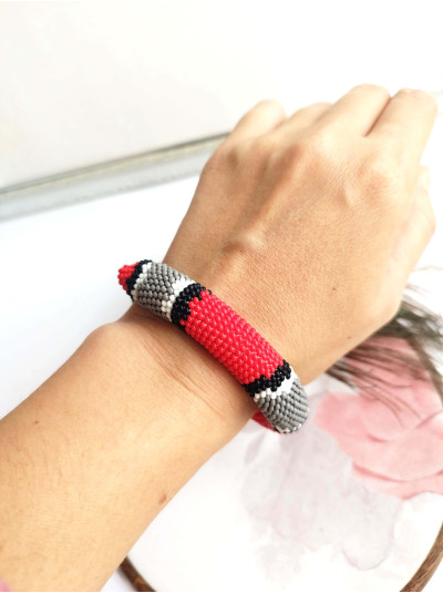 snake print red gray beaded bracelet, chunky handmade bracelet 