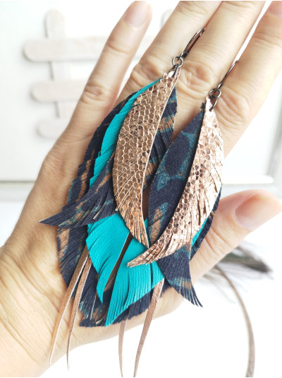 rose gold animal print leather feather earrings.  
