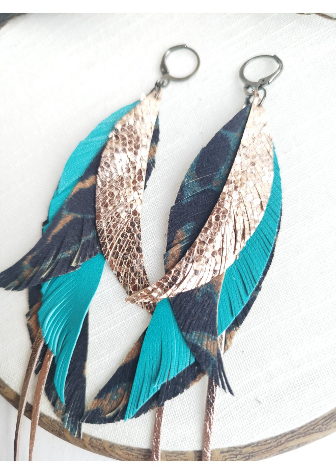 long leather feather earrings genuine leather jewelry animalprint 