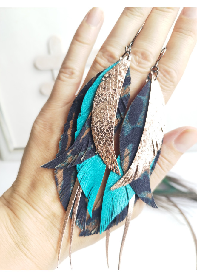 long leather feather earrings genuine leather jewelry animalprint 