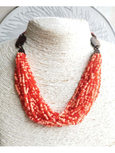 Coral orange multi strand  beaded necklace, ethnic  handmade necklace