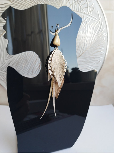 Extra Long Leather Feather Earrings: Beige Gold Bohemian Jewelry