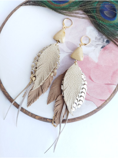 Extra Long Leather Feather Earrings: Beige Gold Bohemian Jewelry