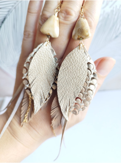 Extra Long Leather Feather Earrings: Beige Gold Bohemian Jewelry