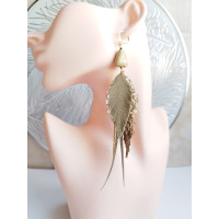 Extra Long Leather Feather Earrings: Beige Gold Bohemian Jewelry