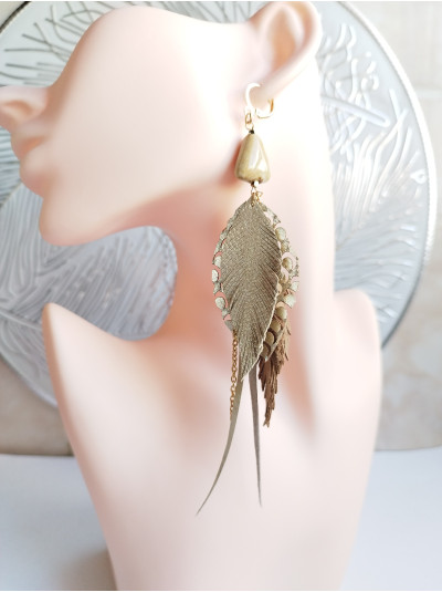Extra Long Leather Feather Earrings: Beige Gold Bohemian Jewelry