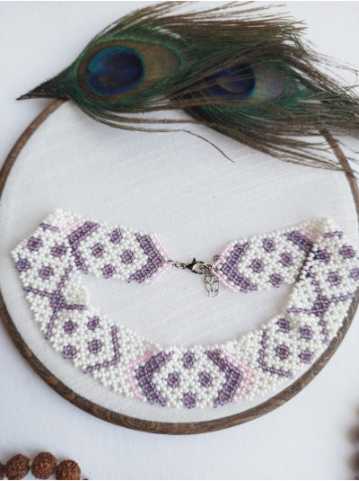 lilac beaded choker necklace, traditional Ukrainian beaded sylyanka.